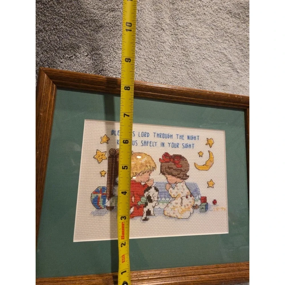 Vintage Cross Stitch In Wooden Frame Boy And Girl Bedtime Prayer Nursery Play